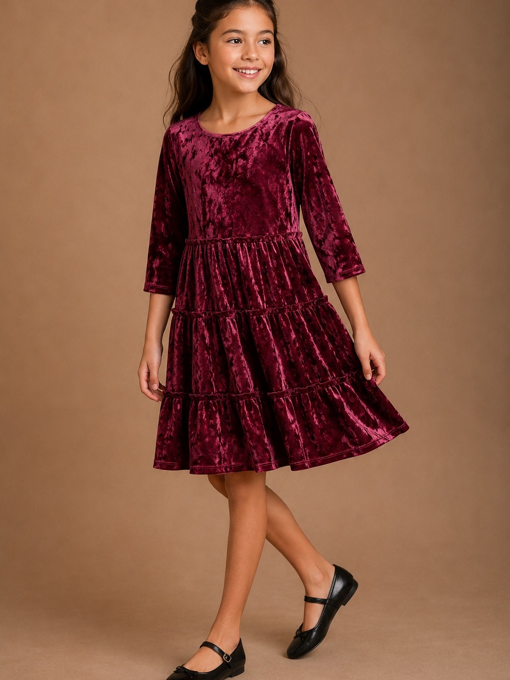 Wonder Nation Girls L 10-12 Burgundy Crushed Velvet Tiered Holiday Dress